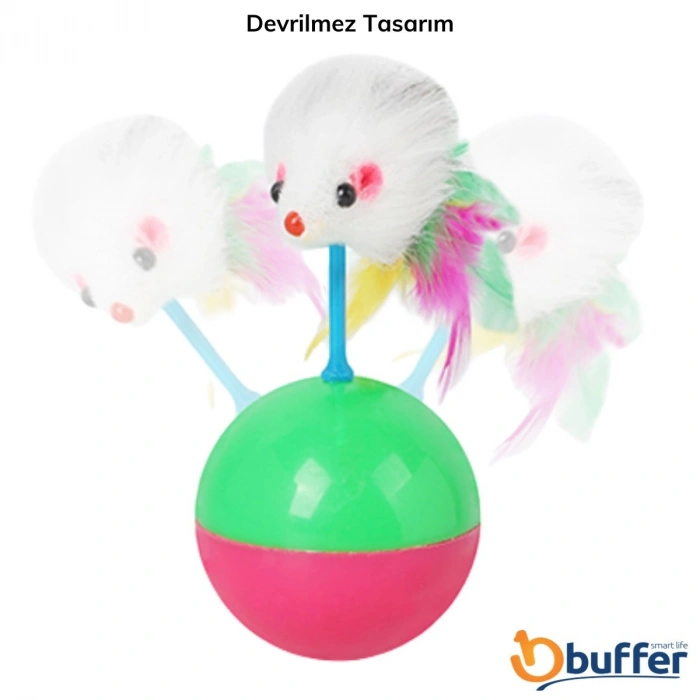 Durukar® Kedi Oyun Topu Tüylü Fareli Hacı Yatmaz Eğitici Yavru Kedi Fare Kovalama Oyuncağı