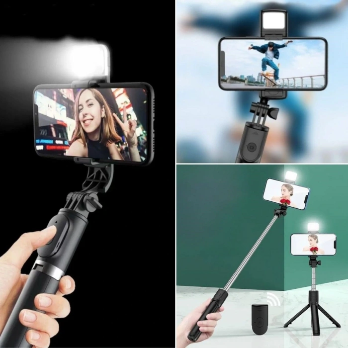 Durukar® Kendiliğinden Işıklı Masaüstü Tripod Olabilen Telefon Tutuculu Kablosuz Kumandalı Selfie Çubuğu