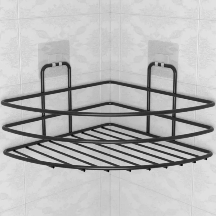 Durukar® Kendiliğinden Yapışkanlı Montaj Gerektirmeyen Tek Katlı Banyo Askı Köşe Şampuanlık Siyah