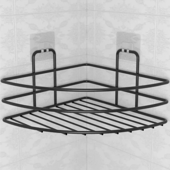 Durukar® Self-Adhesive No Mounting Required Single-Tier Bathroom Corner Shampoo Holder Black
