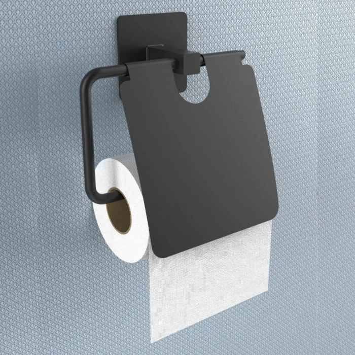 Durukar® Self-Adhesive Black Stainless Metal Lid Toilet Paper Holder Apparatus