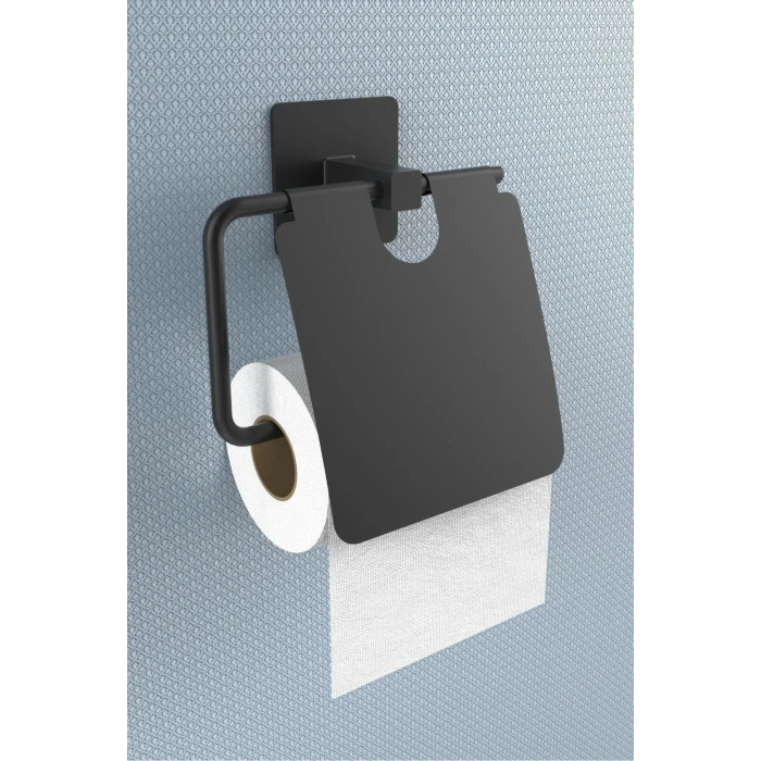 Durukar® Kendiliğinden Yapışkanlı Siyah Paslanmaz Metal Kapaklı Tuvalet Kağıtlığı Aparatı