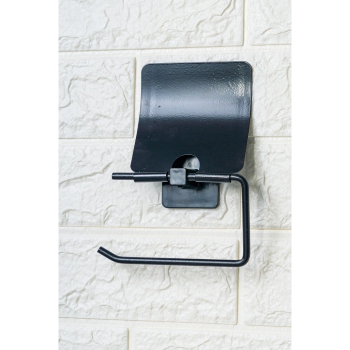 Durukar® Kendiliğinden Yapışkanlı Siyah Paslanmaz Metal Kapaklı Tuvalet Kağıtlığı Aparatı