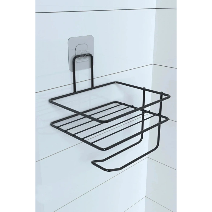 Durukar® Kendiliğinden Yapışkanlı Tuvalet Kağıdı Tutacağı ve Yedek Raf - Siyah Modern Metal Tasarım