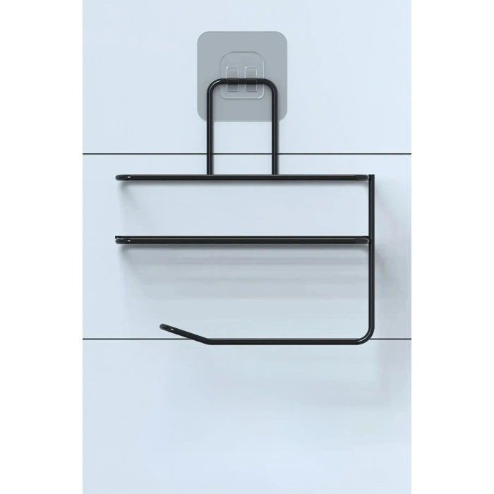 Durukar® Kendiliğinden Yapışkanlı Tuvalet Kağıdı Tutacağı ve Yedek Raf - Siyah Modern Metal Tasarım