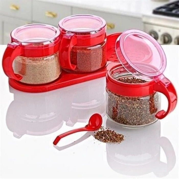 Durukar® Red 3-piece Stand with Lid and Spoon Glass Airtight Spice Jar Set KC-386