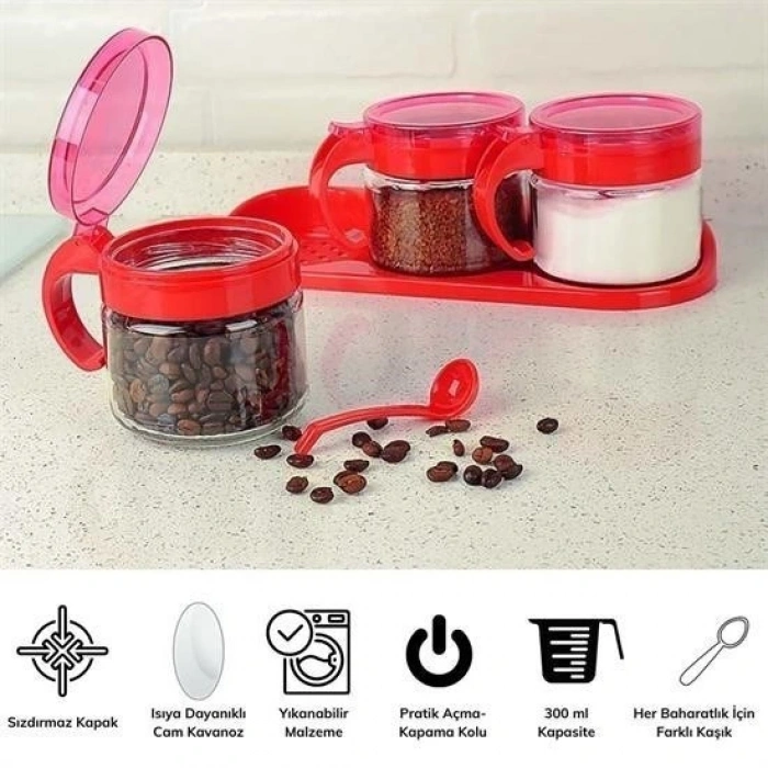Durukar® Red 3-piece Stand with Lid and Spoon Glass Airtight Spice Jar Set KC-386