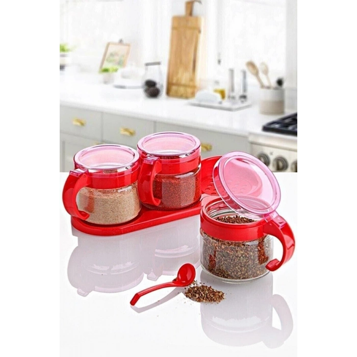 Durukar®  Kırmızı 3lü Standlı Kapaklı Kaşıklı Cam Hava Sızdırmaz Baharatlık Takımı  KC-386