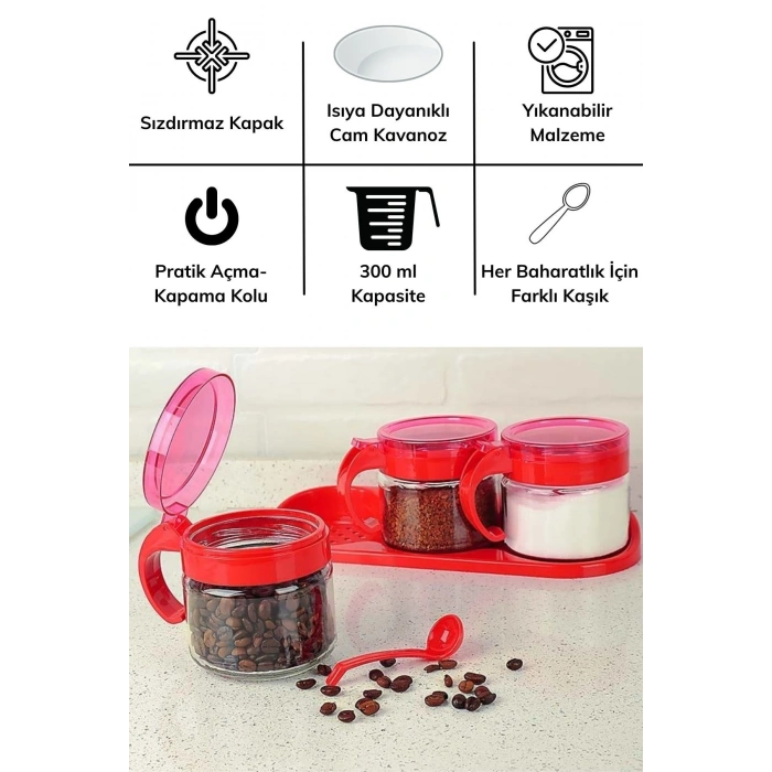 Durukar®  Kırmızı 3lü Standlı Kapaklı Kaşıklı Cam Hava Sızdırmaz Baharatlık Takımı  KC-386
