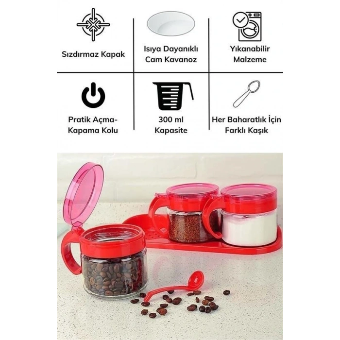 Durukar® Red 3-piece Stand with Lid and Spoon Glass Airtight Spice Jar Set KC-386