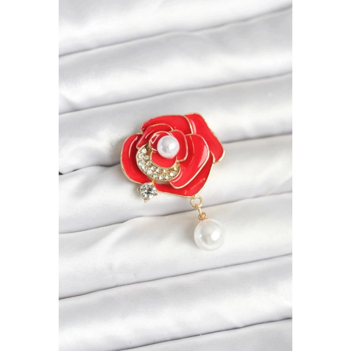 Durukar® Kırmızı Gül İncili Model Broş