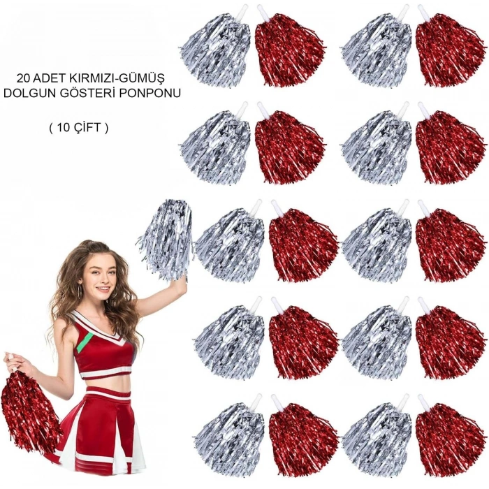 Durukar® Kırmızı Gümüş Metalik Dolgun Gösteri Ponponu 20 Adet (10 Çift)