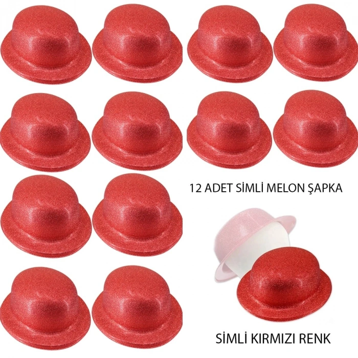 Durukar® Kırmızı Renk Simli Melon Yuvarlak Parti Şapkası 12 Adet