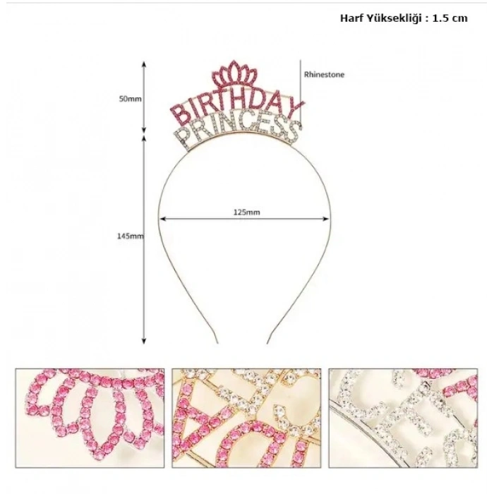 Durukar® Kristal Taşlı Pembe Birthday Princess Yazılı Parti Tacı 19x11 cm