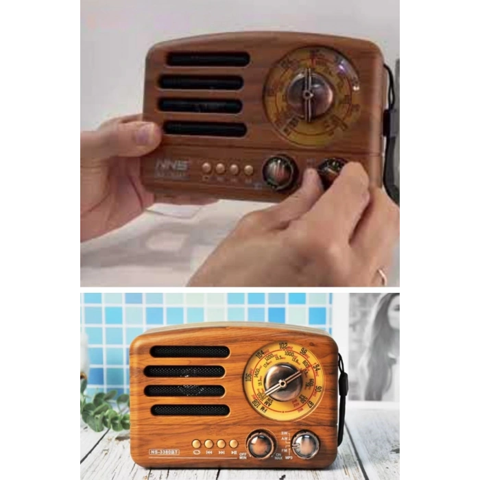 Durukar® Küçük Boy Retro, Nostaljik, Ahşap Tasarım Bluetooth Hoparlörlü, Şarjlı, Taşınabilir Büyük Döndürülebilen Düğmeli FM/AM Destekli Radyo NS3380