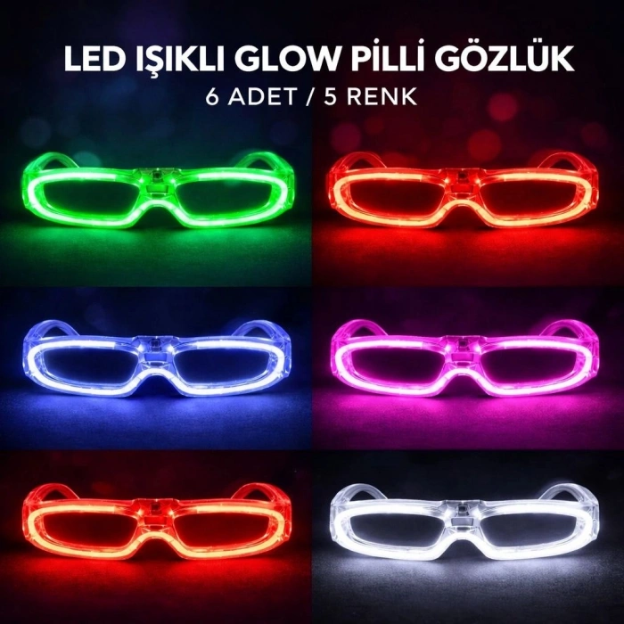 Durukar® LED Işıklı Glow Pilli Parti Gözlüğü - Glow Efektli 6 Adet 5 Renk