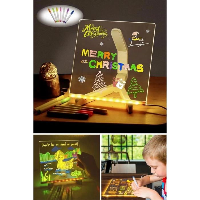 Durukar® LED Işıklı Kendiliğinden Renkli Fosforlu Kalemli Kare Yazı Panosu 20x20 cm