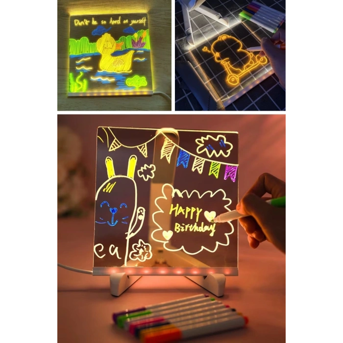 Durukar® LED Işıklı Kendiliğinden Renkli Fosforlu Kalemli Kare Yazı Panosu 20x20 cm