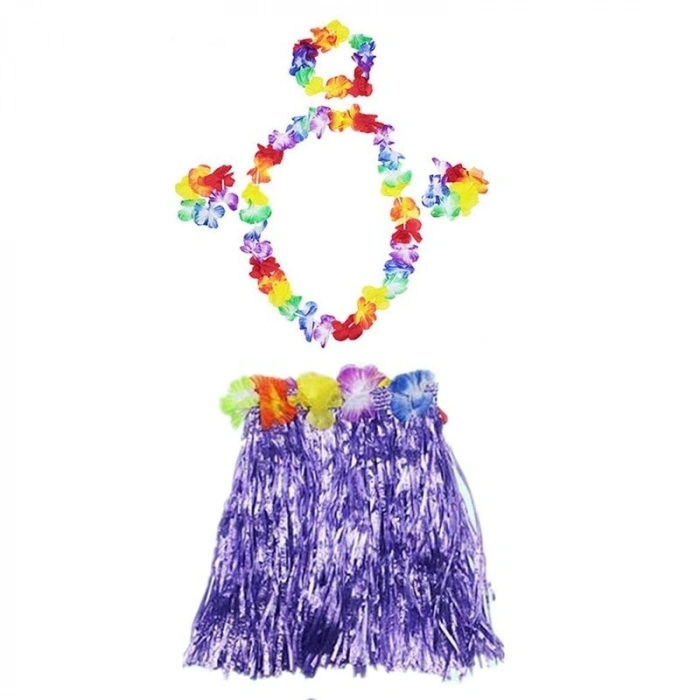 Durukar® Luau Aloha Hawaii  Kolye Etek Taç ve Bileklik Seti Mor