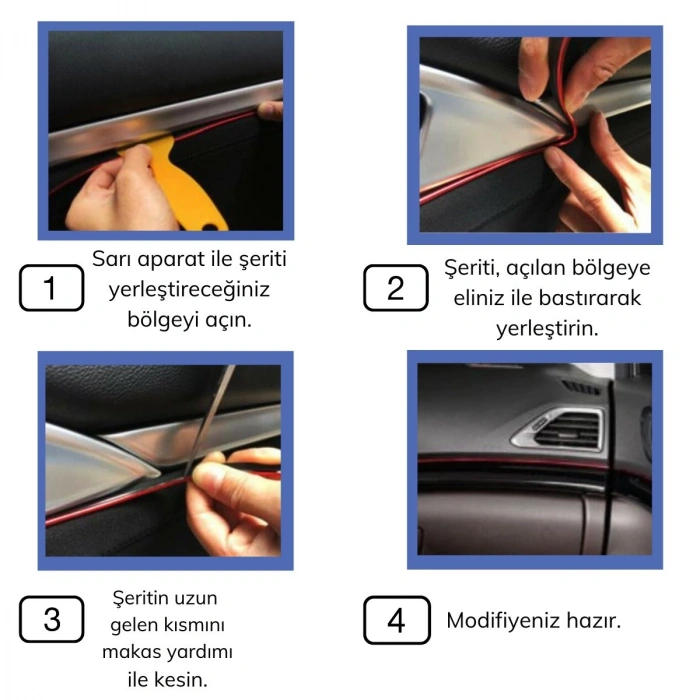 Durukar® Mavi Araba OtoTrim Dekorasyon Şeridi Kauçuk Elastik Kolay Kurulum 5 metre Şerit Bant