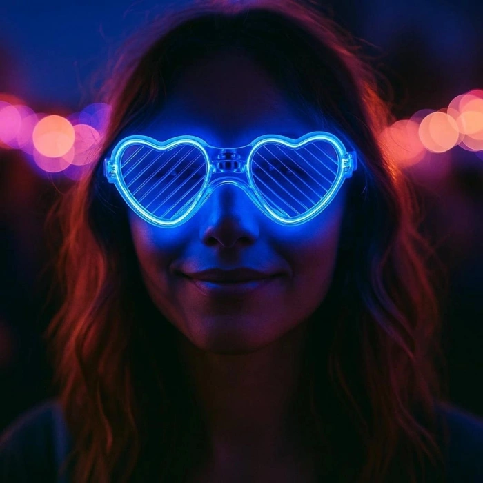 Durukar® Mavi LED Işıklı Kalp Gözlük – 3 Modlu Parti & Glow Gözlüğü