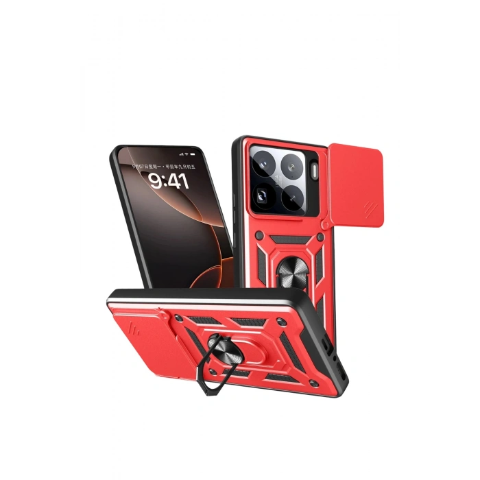 Durukar®   Mi 15 Pro Kılıf Pars Lens Yüzüklü Silikon - Kırmızı