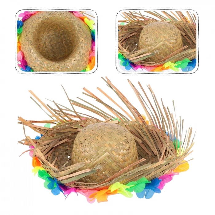 Durukar® Naturel Renk Püsküllü Örme Hasır Hawaii Luau Aloha Şapka 13x36 cm