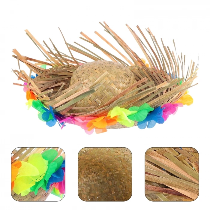 Durukar® Naturel Renk Püsküllü Örme Hasır Hawaii Luau Aloha Şapka 13x36 cm