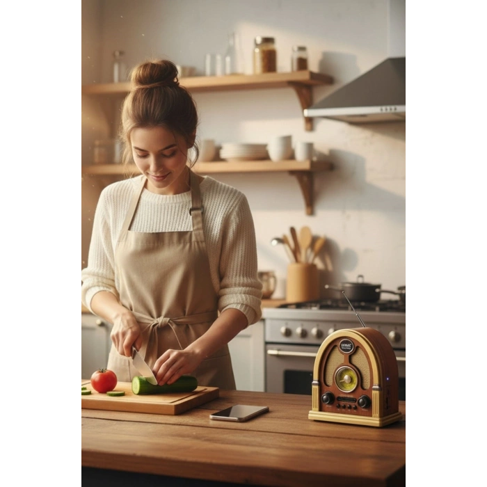 Durukar® Orta Boy Kubbe Model Retro Ahşap Tasarım Bluetooth Hoparlörlü Radyo – FM/AM Destekli, Şarjlı ve Taşınabilir Radyo NS-7061