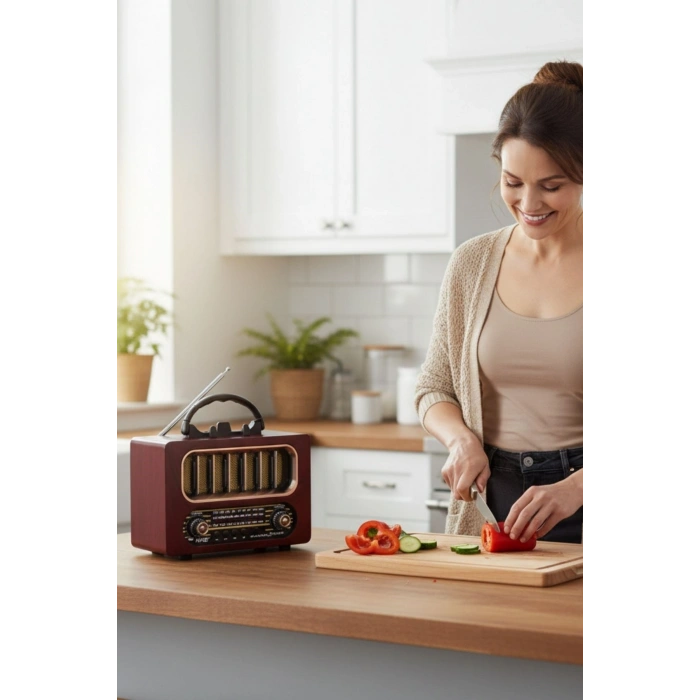 Durukar® Orta Boy Retro Ahşap Tasarım Bluetooth Hoparlörlü Radyo – FM/AM Destekli, Şarjlı ve Taşınabiliri Radyo NS-6636