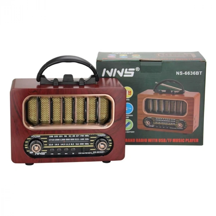 Durukar® Orta Boy Retro Ahşap Tasarım Bluetooth Hoparlörlü Radyo – FM/AM Destekli, Şarjlı ve Taşınabiliri Radyo NS-6636