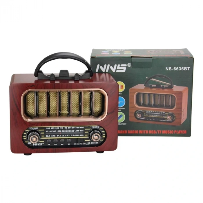 Durukar® Orta Boy Retro Ahşap Tasarım Bluetooth Hoparlörlü Radyo – FM/AM Destekli, Şarjlı ve Taşınabiliri Radyo NS-6636