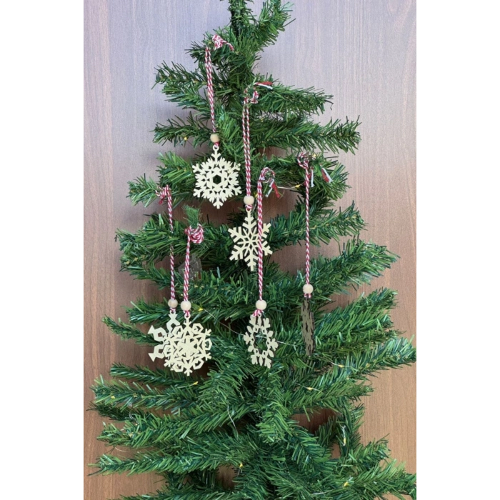 Durukar® Pilli Peri Ledli 6 Parça Kırmızı Beyaz İpli Kar Tanesi Model Ahşap Yılbaşı Ağaç Süsü