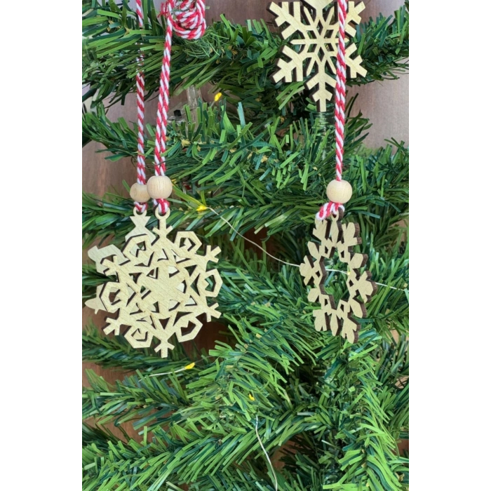 Durukar® Pilli Peri Ledli 6 Parça Kırmızı Beyaz İpli Kar Tanesi Model Ahşap Yılbaşı Ağaç Süsü