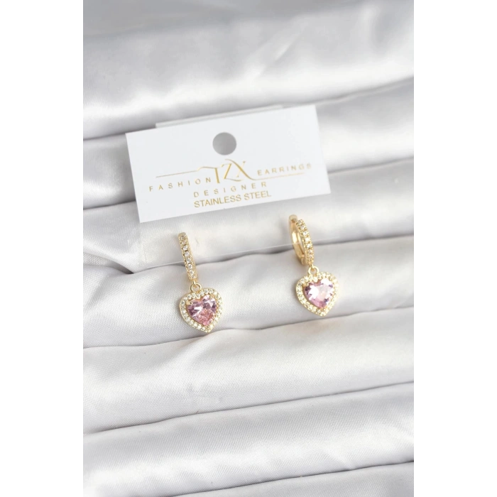 Durukar® Pirinç Gold Pembe Renk Zirkon Taşlı Kalp Model Kadın Küpe