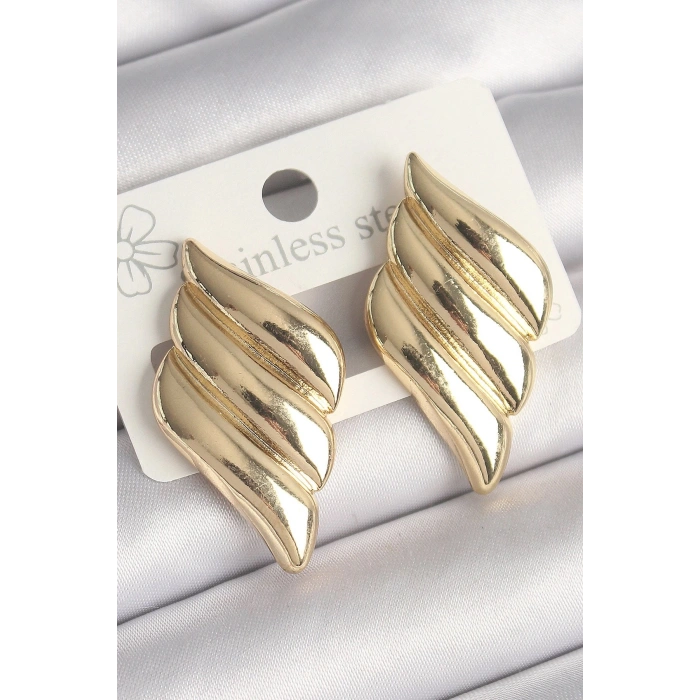 Durukar® Pirinç Gold Renk 3 Sıralı Dalgalı Model Kadın Küpe