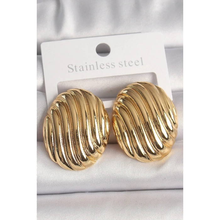 Durukar® Pirinç Gold Renk İşlemeli Oval Model Kadın Küpe