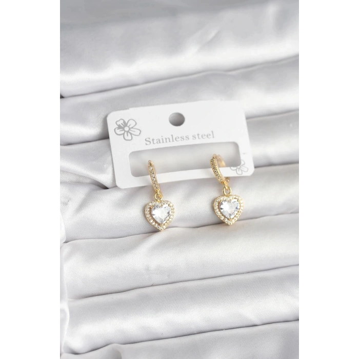 Durukar® Pirinç Gold Renk Zirkon Taşlı Kalp Model Kadın Küpe