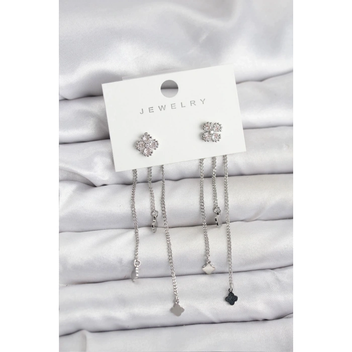 Durukar® Pirinç Gümüş Renk Yonca Model Sallantılı Kadın Küpe