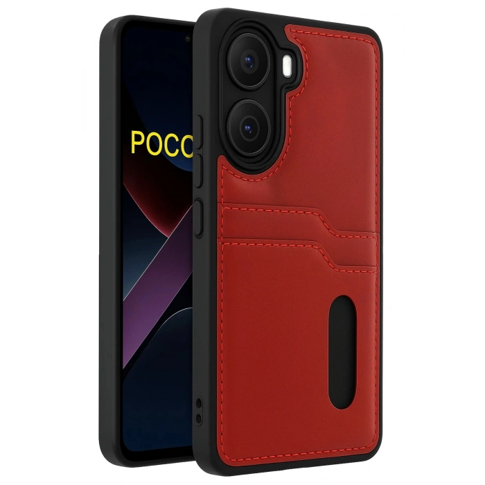 Durukar®   Poco X7 Pro Kılıf Sara Kartvizitli Deri Kılıf - Kırmızı