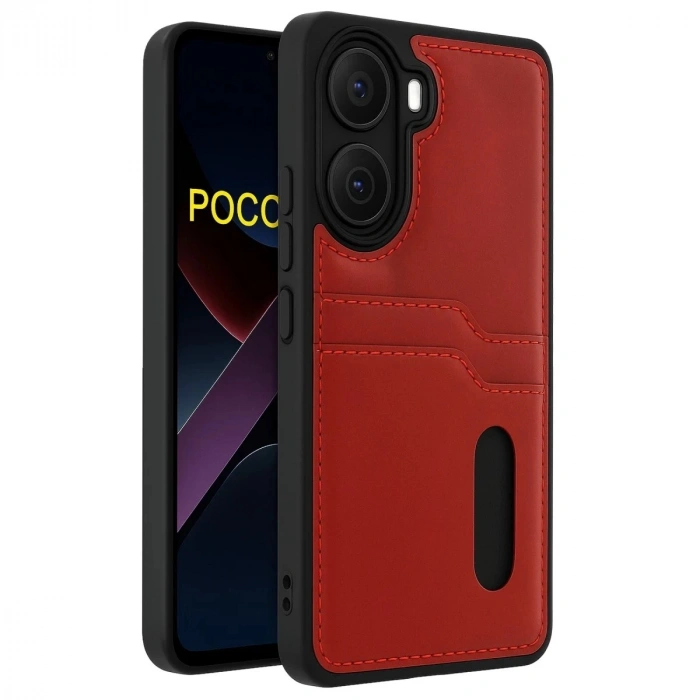 Durukar®   Poco X7 Pro Kılıf Sara Kartvizitli Deri Kılıf - Kırmızı