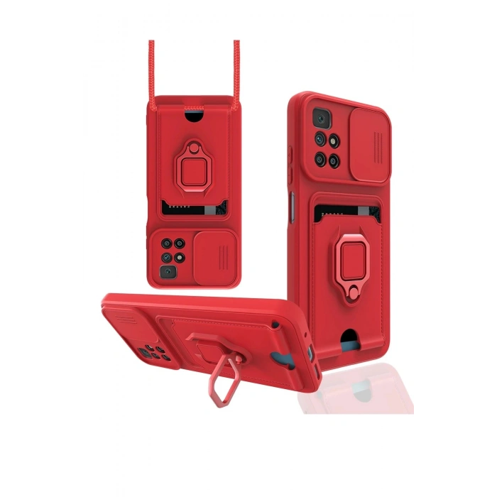Durukar®   Redmi 10 2022 Kılıf Zuma Kartvizitli Yüzüklü Silikon - Kırmızı