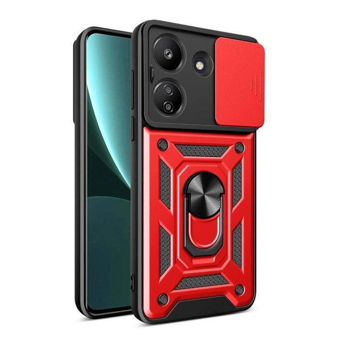 Durukar®   Redmi 13C Kılıf Pars Lens Yüzüklü Silikon - Kırmızı