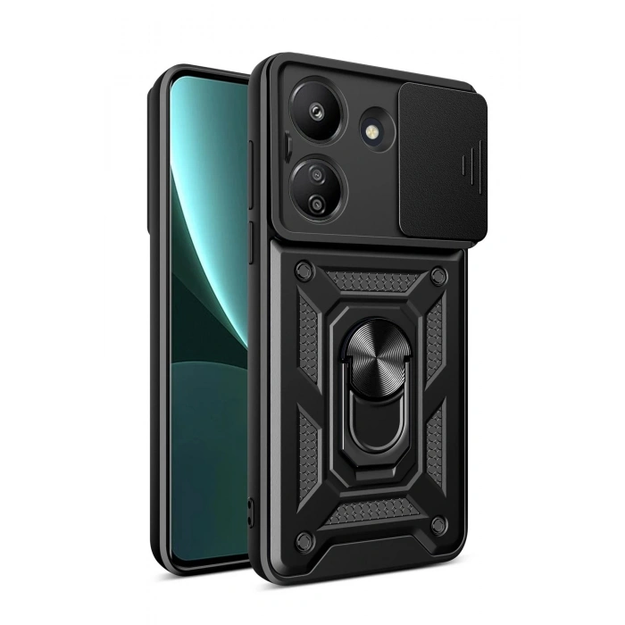 Durukar®   Redmi 13C Kılıf Pars Lens Yüzüklü Silikon - Siyah