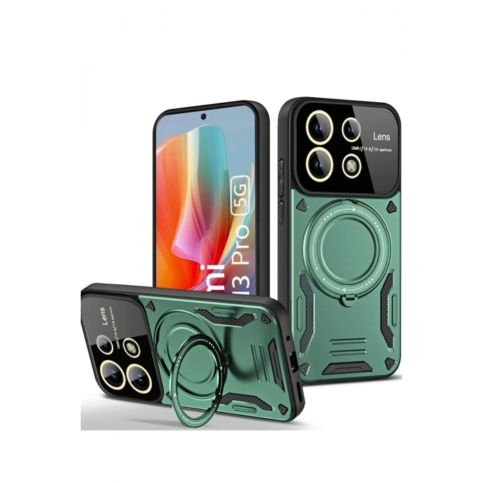 Durukar®   Redmi Note 13 Pro 4G Kılıf Joy Lens Standlı Kapak - Koyu Yeşil