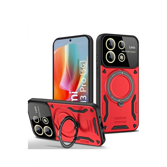 Durukar®   Redmi Note 13 Pro 5G Kılıf Joy Lens Standlı Kapak - Kırmızı