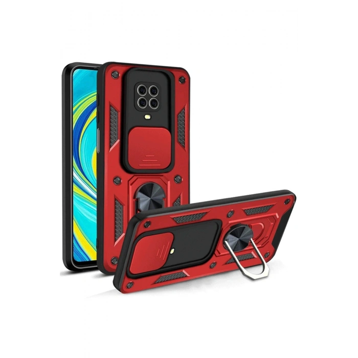 Durukar®   Redmi Note 9 Pro Kılıf Pars Lens Yüzüklü Silikon - Kırmızı