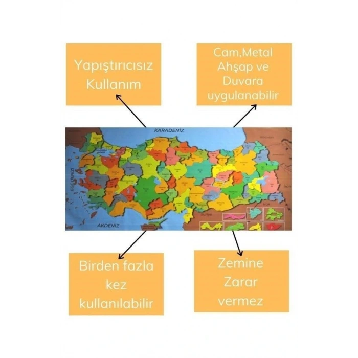 Durukar® Colored Magnetic Turkey Map Wall Sticker That Does Not Require Glue 118 CM * 56 CM