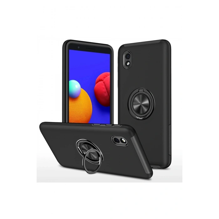 Durukar®  Samsung Galaxy A01 Core Kılıf Elit Yüzüklü Kapak - Siyah