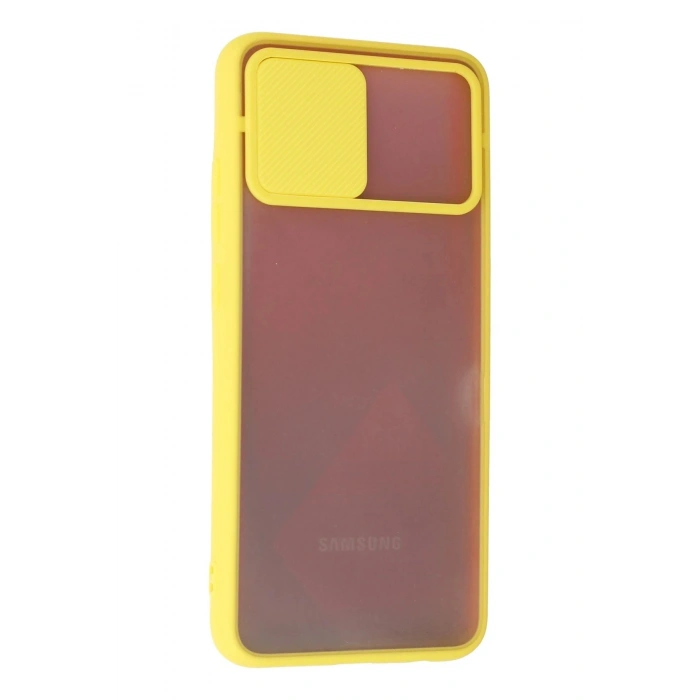 Durukar®  Samsung Galaxy A02S Kılıf Palm Buzlu Kamera Sürgülü Silikon - Sarı
